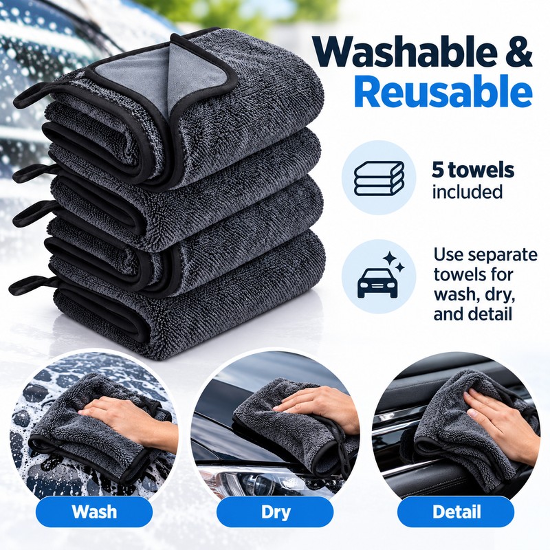 Microfiber Car Wash Towels for Auto Detailing – 600GSM Ultra-Absorbent