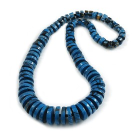 Avalaya Chunky Graduated Blue/Black Wood Button Bead Necklace - 60cm Long
