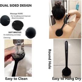 Cinlitek Silicone Body Scrubber With Long Handle for Shower - Exfoliating Back Brush for Men, Women & Kids - Soft Bath Scrubber With Free Hook