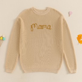 Family Matching Outfits Mommy and Me Cute Letter Embroidery Crew Neck Long Sleeve Sweater Top, Khaki, XX-Large