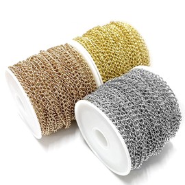 49.2 Feet/15M Soldered 304 Stainless Steel Curb Chains 4x3x0.6mm Twisted Links Cross Cable Chains Rose Gold & Golden & Silver Plated with Spool for Jewelry Making