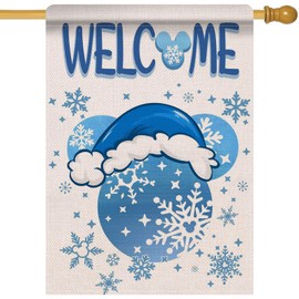 Artofy Welcome Winter Cartoon Mouse Large Decorative House Flag, Blue Snowflake Seasonal Yard Garden Outside Decor, Christmas Holiday Burlap Outdoor Home Decoration Double Sided 28 x 40