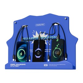 Wall Mounted Cell Phone Charging Station with 8-Port High-Speed Cables – Universal Dock for Apple, Type-C & Android Devices – Ideal for Airports, Hotels, Malls, Offices, Schools (Blue)