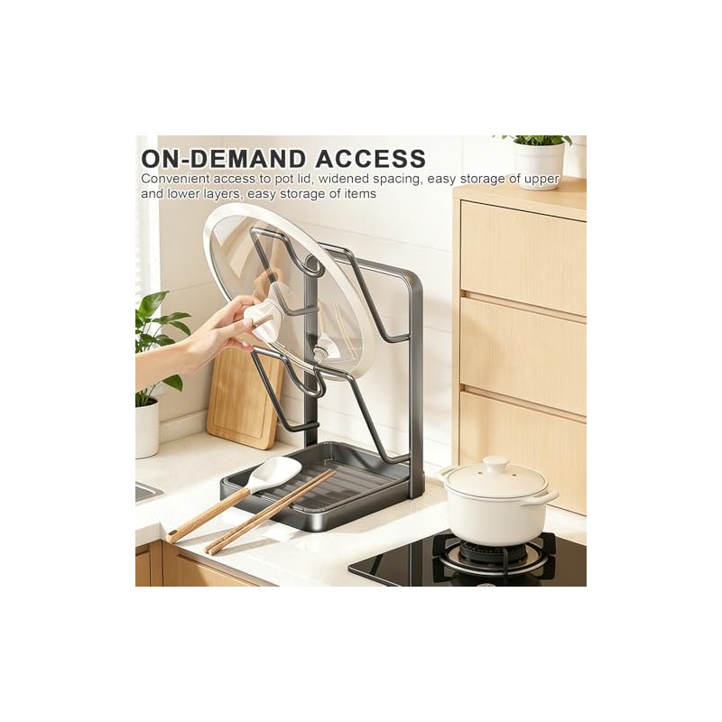 Pot Lid Holder, Pot Lid Organiser, Kitchen Shelf with Spoon