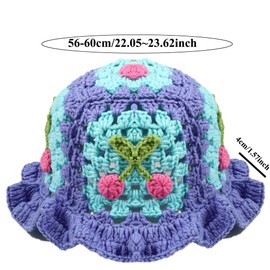 Ahouws Crochet Bucket Hat for Women Handmade Knitted Cherry Hat Elastic Cute Bucket Hat (Blue)