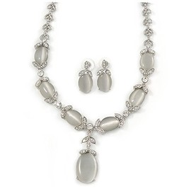 Bridal Clear Crystal Oval Cat Eye Stone Y-Necklace & Stud Earring Set/Rhodium Plated Metal/ 48cm L/ 5cm Front Drop