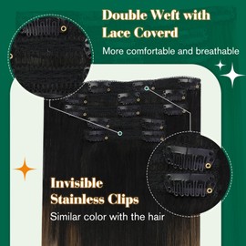 Easyouth Human Hair Extensions Clip in Ombre Black 18Inch Soft and Silky Clip in Real Hair Extensions Ombre Black to Brown with Caramel Blonde Balayage Hair Clips Extension for Women 5Pcs 80G