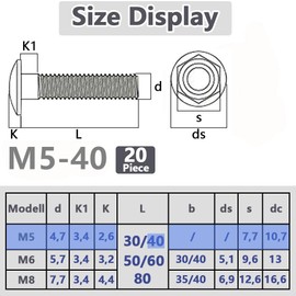 SHUNCHG M5x40 Coach Bolts, Cup Square Carriage Bolt and Nut Pack of 20, M5 (5mm) X 40 mm,Coach Bolts with Hexagon Nuts