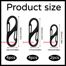 Pack of 10 Carabiner Hooks, Small, 50 mm/40 mm/31 mm, Metal Double Carabiner, S-shaped Carabiner, Black, 2 Openings, Small Carabiner, Mini Carabiner, Suitable for Camping, Household, Hiking