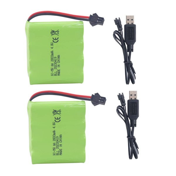 Fytoo 2PCS 4.8V 2800mah AA Rechargeable Battery with SM-2P Plug with USB Charging Cable for E562 TD141 RC Car Toy car Battery SY-E511 Remote Control Excavator Car Truck Construction Vehicle Battery