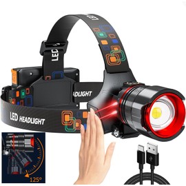 Rechargeable Headlamp 90000 High Lumens, Super Bright LED Head Lamp with Motion Sensor, 12 Modes, IPX7 Waterproof, 125° Adjustable,18+Hrs Runtime for Running,Hiking,Camping,Outdoors,Hard Hat Light etc