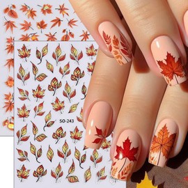 2 Sheets Fall Series Nail Stickers Maple Leaves Nail Art Stickers Autumn Iridescent Nail Decals with Orange Maple Leaves Designs Holographic DIY Self-Adhesive Nail Art Supplies