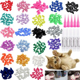 VICTHY Cat Nail Caps and Covers with Glue and Applicators - 100 Pieces in 5 Colors for Extra Small/Kitten Sizes