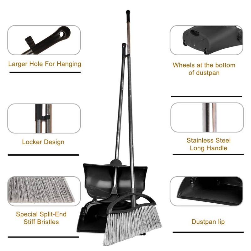 Long Handle Heavy Duty Broom and Dustpan Set, Outdoor and