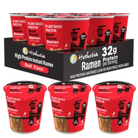 Hethstia High Protein Ramen Cup, Spicy Beef Flavor, 6-Pack Instant Healthy Ramen Soup with 32g Plant Protein, Vegan, Low Carb, Non-GMO, Air-Dried Noodles, Non-Fried, Low Fat Meal