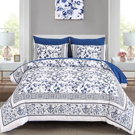 Dobuyly Floral California King Comforter Set, 7 Piece Bed in a Bag Blue Flowers on White Botanical Bedding Set, Soft Microfiber Cal King Size Bedding Comforter Sets for All Season