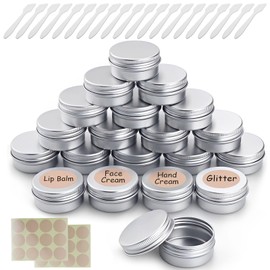 Jicyor Pack of 20 Containers, 50 ml Aluminium Cans, Empty Round Silver Tins, Cream Jars for Filling (2 Label Stickers and 20 Mini Spatulas)