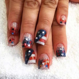 24Pcs Independence Day Press on Nails Short Square 4th of July Fake Nails with Glitters American Flag Patriotic False Nails Glue on Nails Full Cover USA Flag Nail Art Decor Stick on Nails for Women