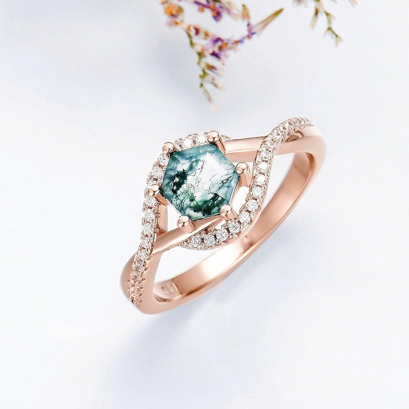 Plesitep 1Ct Natural Moss Agate Ring Sterling Silver/18K Gold Plated