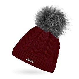 Neverless® Ladies Knitted Hat Lined Fur Pom Faux Fur Bobble Hat Fleece Lining Cable Knit Pattern, 15581 Bordeaux