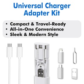 TRAVEL DEPOT USB C Adapter OTG Cable Kit, L Connector to Type C Converter Case, Conversion Set A Type C L Micro USB Adapter Kit, 60W Charging & Data Transfer Cable Set w/SIM Tray Eject Tool, White