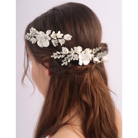 Rumtock 2pcs White Flower with Pearl Crystal Gold Hair Pins Set for Wedding Brides Handmade Hair Accessories (Gold)