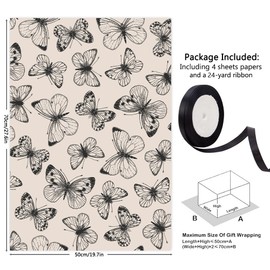 Butterfly Daisy Floral Plant Gift Wrapping Paper, 4 Designs for Girls Lady Women, Elegant Flower Black and Grey Gift Wrap for Birthday Bridal Shower Engagement Wedding Holiday Anniversary