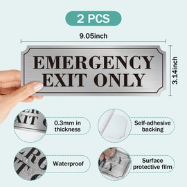 2PCS Emergency Exit Only Signs Sticker，Self Adhesive Water & Fade Resistant Black Silver Exit Only in Emergency Sign for Business, Schools, Offices, Storage Rooms, Hospitals