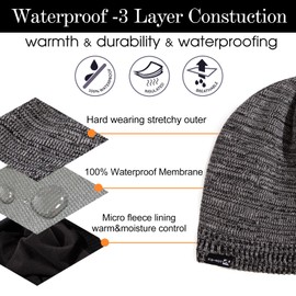 Men's Women's Oversize L Large Big Head Winter Black Melange Wool Beanie Waterproof Fleece Lined Knit Cap Rain Hat All-Weather Warm