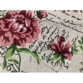 Red Peony Love Letter Cotton Linen Blend Fabric Natural Vintage Rose Printed Material Home Decor Curtain Upholstery- 150cm Wide Canvas (Sold by The Metre)