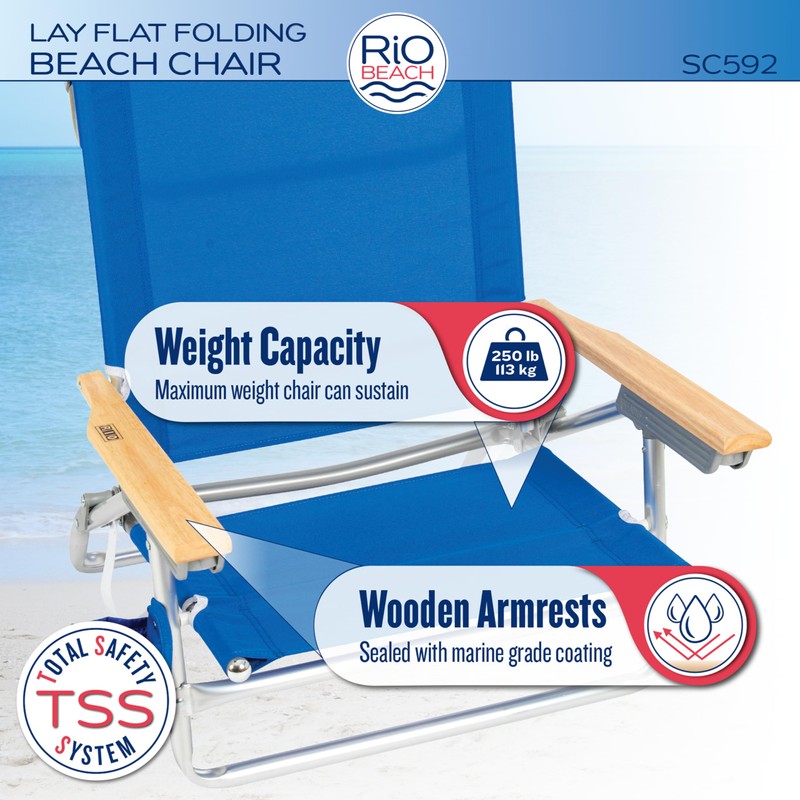 Rio Brands Classic 5 Position Lay Flat Folding Beach Chair,