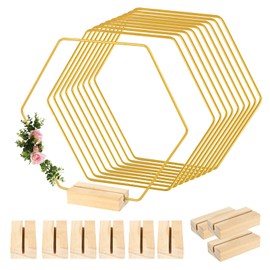 10 PCS Metal Floral Hoop Centerpieces, Dream Catcher Hoop, Gold Wreath Ring with 10 PCS Wooden Holder Stands for DIY Crafts Weddings Festival and Home Decoration (Hexagon)