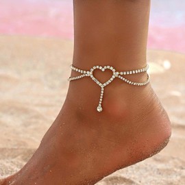 Xduargs Boho Layered CZ Heart Ankle Bracelet Gold Crystal Love Foot Chain Vintage Hollow Heart Ankle Chain Adjustable Sparkly Tennis Link Bracelet Accessories for Women