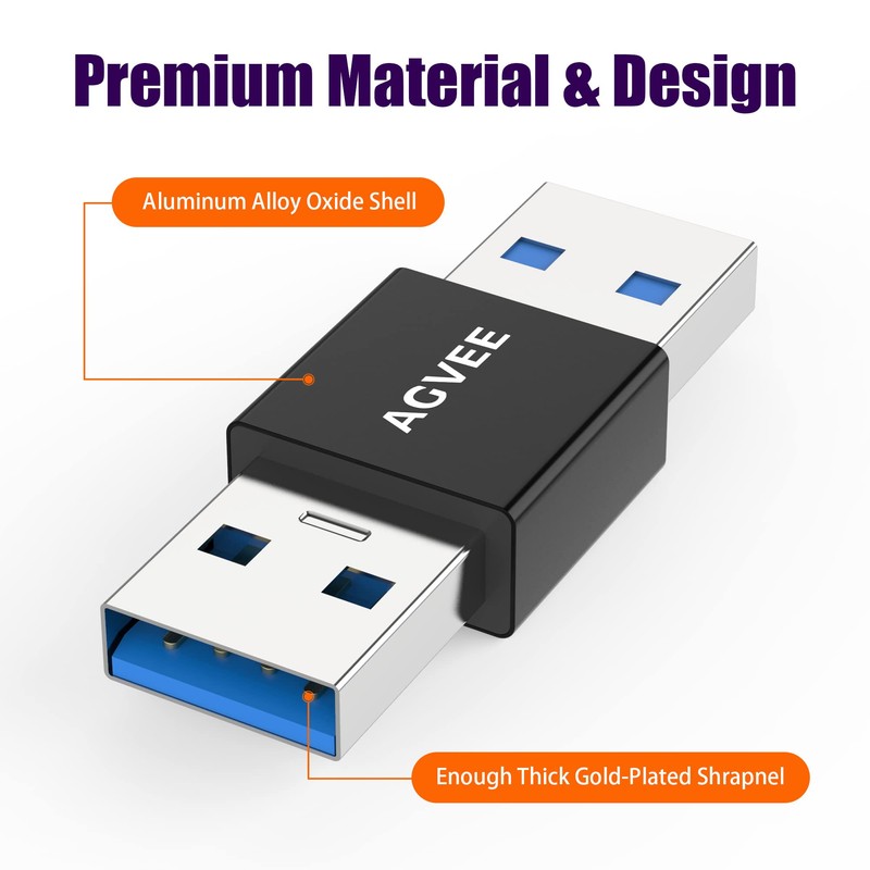 AGVEE USB-A Male to USB-A Male Adapter, Bidirectional USB-A 3.0