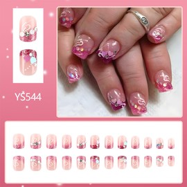 24Pcs Valentine's Day Press on Nails Short Square French Tip Fake Nails Pink Heart Nail Sequins False Nails with Glitter Rhinestones Design Full Cover Artificial Glue on Nails Stick on Nails for Women