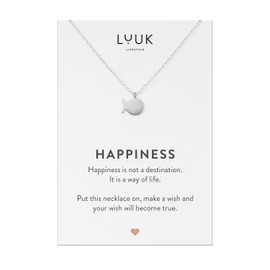 LUUK LIFESTYLE Stainless Steel Necklace With Pendant And Card with Happiness Saying, Lucky Charm, Friendship Necklace, Silver, Gold, Rose Gold, silver
