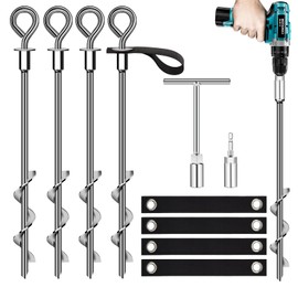 Trampoline Anchors Set of 4 - Heavy Duty Trampoline Stakes - Ground Anchors Resistant High Wind - Ground Stakes Heavy Duty with Straps(Silver-4x15)