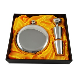10 oz Round Flask Gift Set with Two Shot Glasses and Funnel in a Black Gift Box