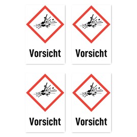 Stickers: 150 x 100 mm, Pack of 4 – Signal Word Caution – Danger Symbol with Text (German) (Red/White) – Vertical – GHS01 – UN/GHS Hazard Pictogram