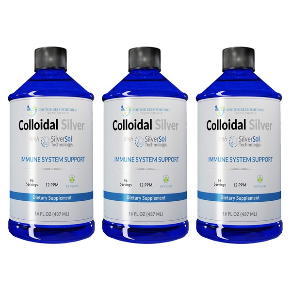 Colloidal Silver Liquid - 12 PPM Premium Silver Solution, 60 MCG Per Serving, All Natural, Vegan Immune System Support, Ionic Silver Water Daily Mineral Supplement (3- 16 Fl oz Bottles)