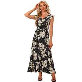 Allegra K Maxi Dresses for Women's Summer Belted Ruffle Slevee Floral Dress Medium Black