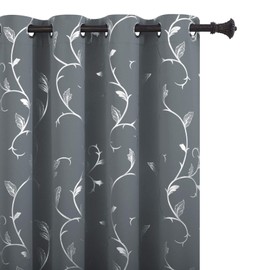 BUHUA Blackout Curtains Silver Foil Print Flower Vine Grommet Drapes, Room Darkening Thermal Insulated Curtains, Noise Reducing Curtain for Bedroom, Grey, 66Wx84L, 2 Panels