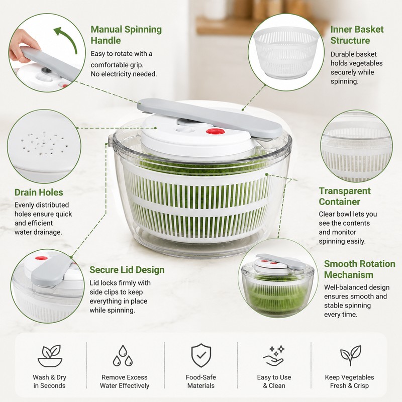 Manual Salad Spinner for Washing & Drying Vegetables – Compact