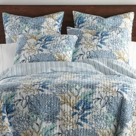 Levtex Home - Mahina Quilt Set - King/Cal King Quilt + Two King Pillow Shams - Coastal - Taupe, Blue and White - Quilt Size (106x92in.) and Pillow Sham Size (36x20in.) - Reversible - Cotton