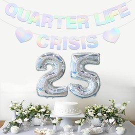 Balterever 25th Birthday Decorations for Women Iridescence Quarter Life Crisis Banner 25 Foil Balloons Quarter Life Crisis Birthday Decorations Laser 25th Birthday Party Supplies