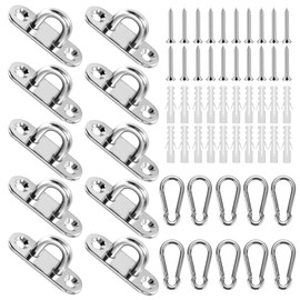 Pack of 10 Stainless Steel Eye Plate with Eyelet and Carabiner Hook - 304 Stainless Steel Deck Plate for Boat & Outdoor Accessories, Ceiling Hooks, Wall Mounting, Sun Sail, Hammocks, Carabiner Hooks