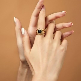 Mytys Black Onyx Ring for Women, 18K Gold Plated Statement Rings, Vintage Open Cuff Fashion Ring, Bohemian Jewelry Gift Size 6-9 (6)