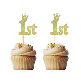 Morndew 24 PCS Glitter Golden Crown Number 1 Cupcake Toppers for Baby£§s First Birthday Baby Shower Decoration