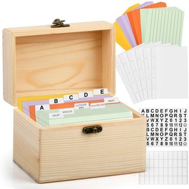 CENBEN Index Card Box Set, Wooden Index Card Holder with 100Pcs Cards, Revision Flash Cards Storage Box with 30 White Dividers, 1 Blank Sticker and 1 Letter Sticker