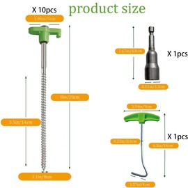Hynhsun 10-Pack 8" Heavy Duty Screw in Tent Stakes, Drill-in Non-Rust Ground Anchor Pegs, Metal Tent Accessories for Camping, Garden, Hiking, Green